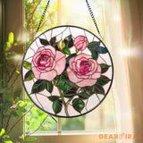 Pink Rose Stained Glass Suncatcher – Romantic Floral Window Hanging Rose Lover Gift Elegant Glass Art for Mom or Garden