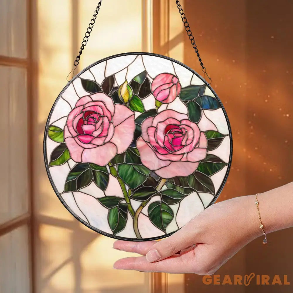 Pink Rose Stained Glass Suncatcher – Romantic Floral Window Hanging Rose Lover Gift Elegant Glass Art for Mom or Garden