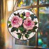 Pink Rose Stained Glass Suncatcher – Romantic Floral Window Hanging Rose Lover Gift Elegant Glass Art for Mom or Garden