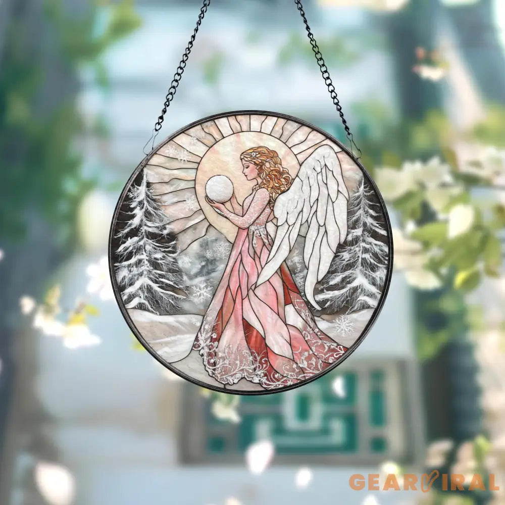 Pink Winter Angel Stained Glass Suncatcher Christmas Window Hanging Round Angel Glass Panel Spiritual Holiday Gift for