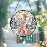 Pink Winter Angel Stained Glass Suncatcher Christmas Window Hanging Round Angel Glass Panel Spiritual Holiday Gift for
