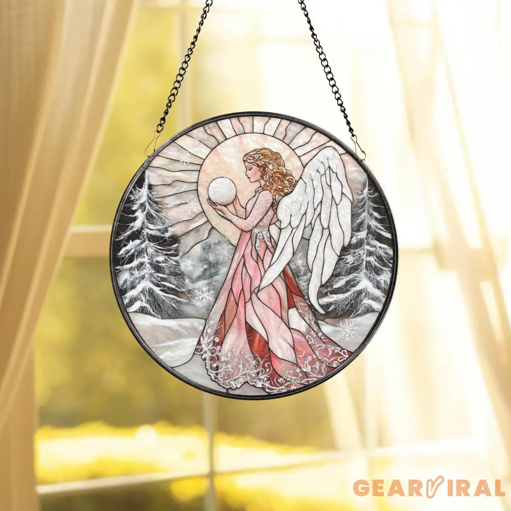 Pink Winter Angel Stained Glass Suncatcher Christmas Window Hanging Round Angel Glass Panel Spiritual Holiday Gift for