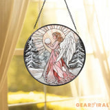 Pink Winter Angel Stained Glass Suncatcher Christmas Window Hanging Round Angel Glass Panel Spiritual Holiday Gift for