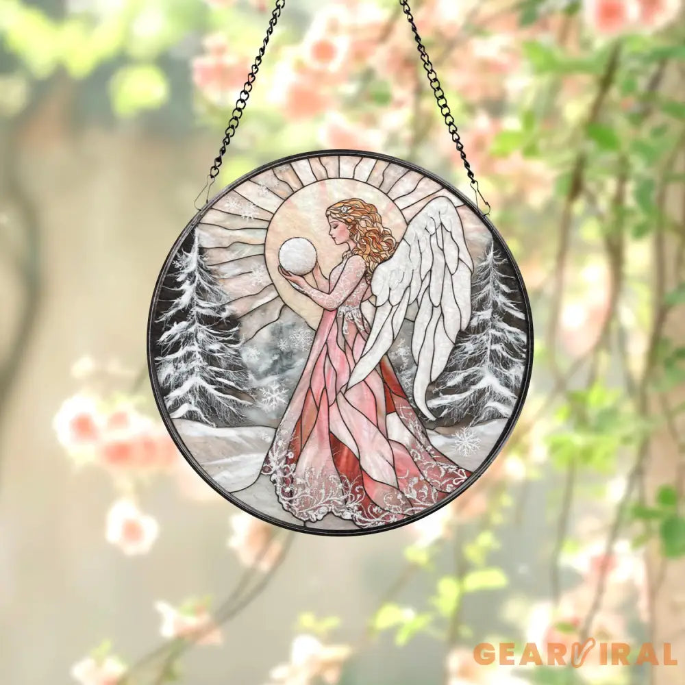 Pink Winter Angel Stained Glass Suncatcher Christmas Window Hanging Round Angel Glass Panel Spiritual Holiday Gift for
