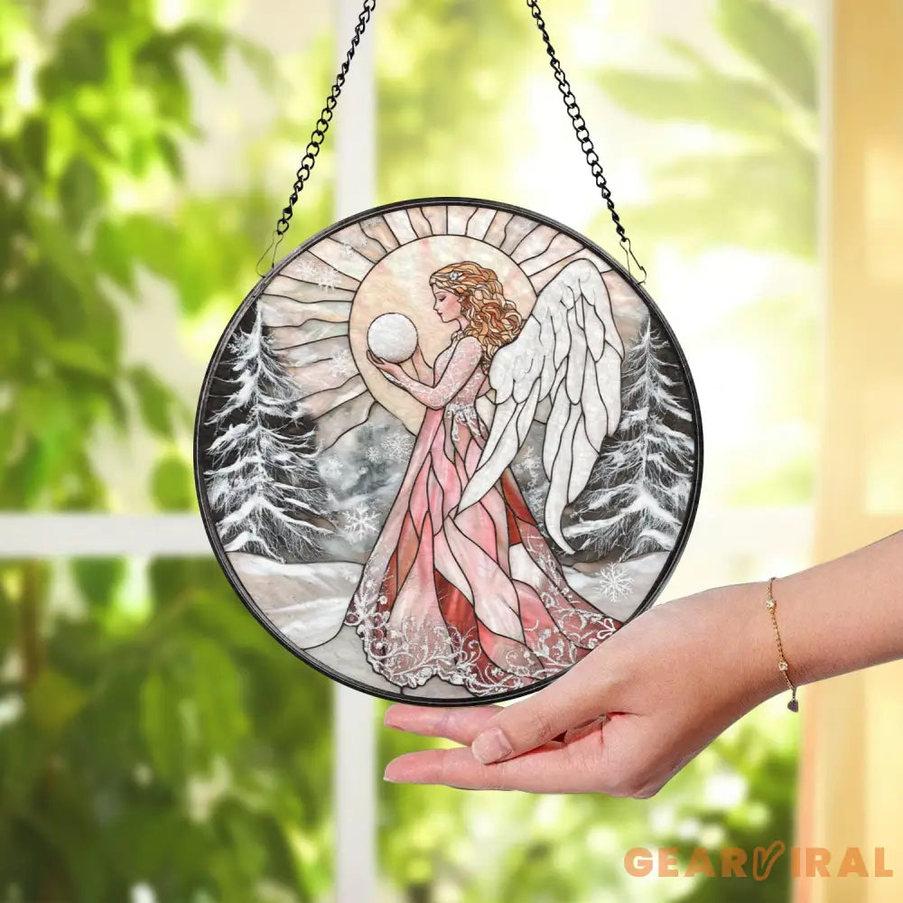 Pink Winter Angel Stained Glass Suncatcher Christmas Window Hanging Round Angel Glass Panel Spiritual Holiday Gift for