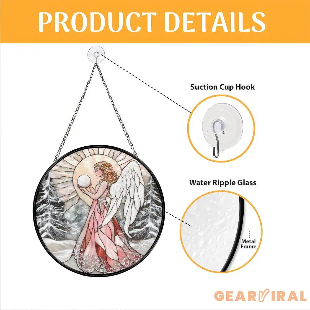 Pink Winter Angel Stained Glass Suncatcher Christmas Window Hanging Round Angel Glass Panel Spiritual Holiday Gift for