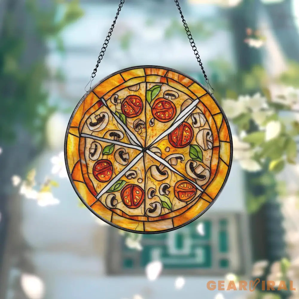 Pizza Slice Stained Glass Suncatcher Funny Kitchen Window Hanging Foodie Decor Glass Art Mushroom Tomato Pizza Lover