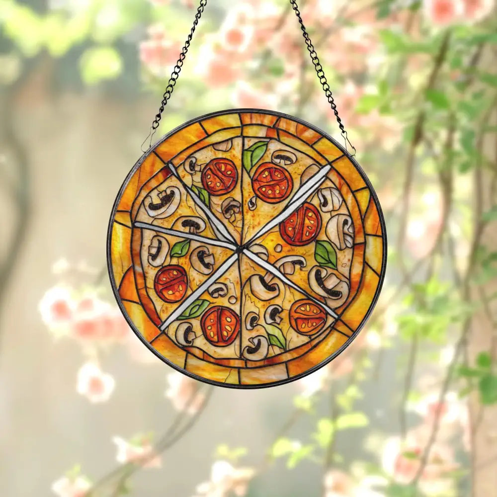 Pizza Slice Stained Glass Suncatcher Funny Kitchen Window Hanging Foodie Decor Glass Art Mushroom Tomato Pizza Lover