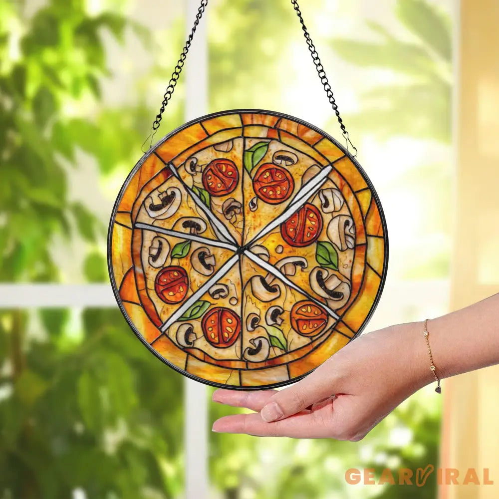 Pizza Slice Stained Glass Suncatcher Funny Kitchen Window Hanging Foodie Decor Glass Art Mushroom Tomato Pizza Lover