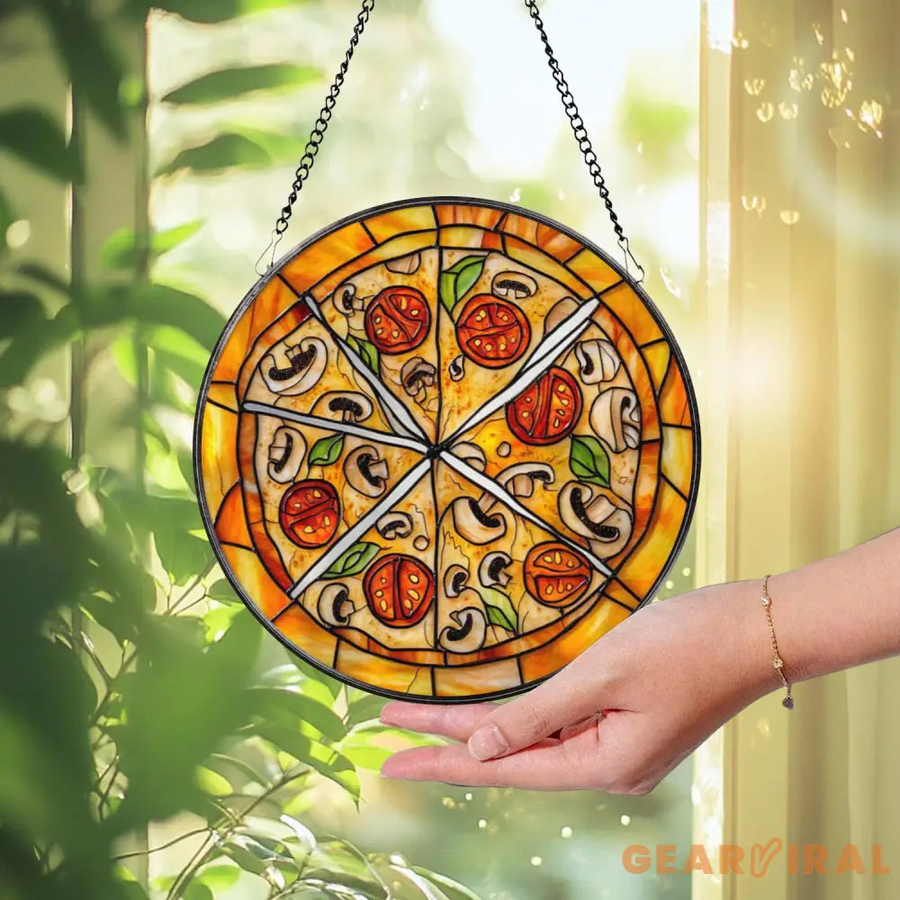 Pizza Slice Stained Glass Suncatcher Funny Kitchen Window Hanging Foodie Decor Glass Art Mushroom Tomato Pizza Lover
