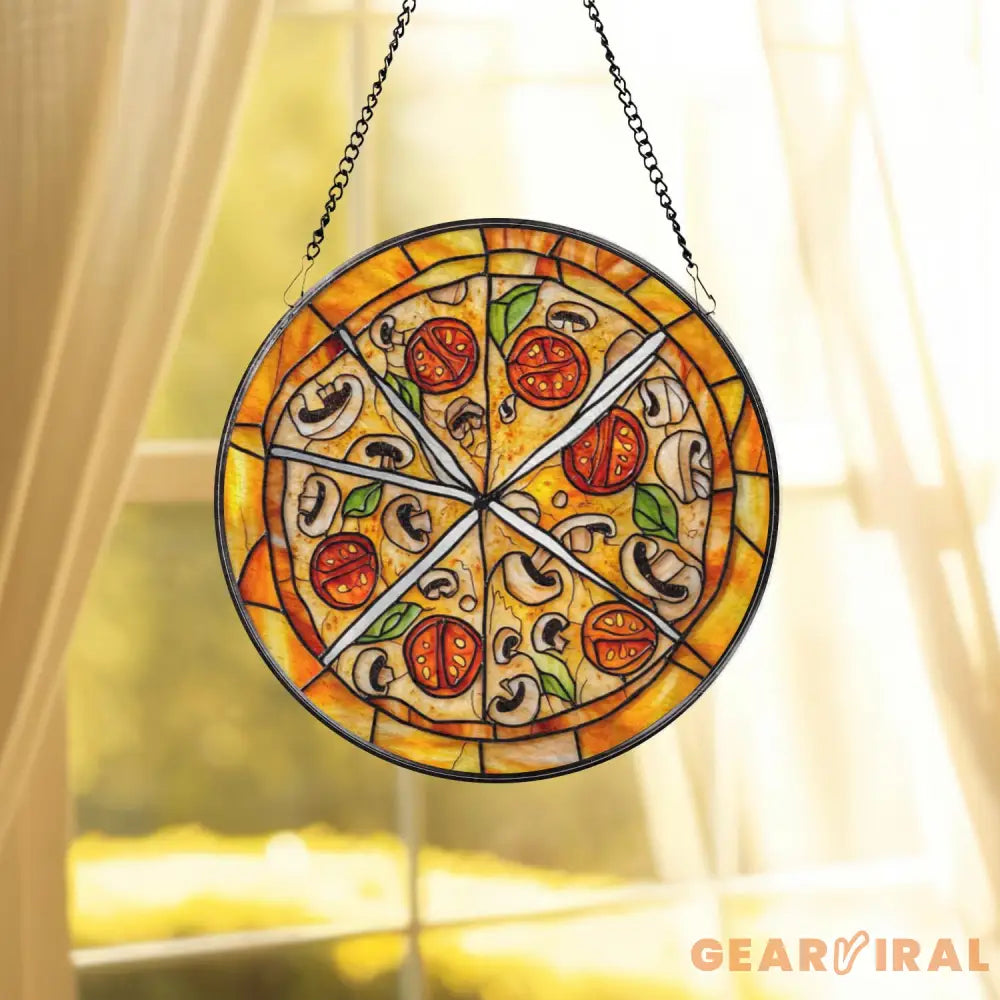 Pizza Slice Stained Glass Suncatcher Funny Kitchen Window Hanging Foodie Decor Glass Art Mushroom Tomato Pizza Lover