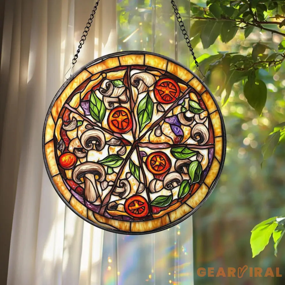 Pizza Stained Glass Suncatcher Foodie Window Hanging Decor Round Kitchen Art Panel Funny Gift for Pizza Lovers & Chefs