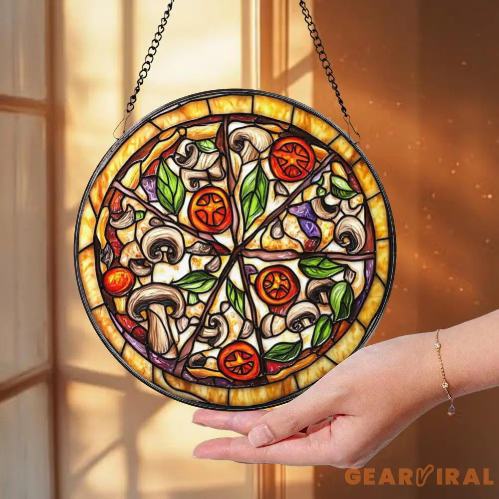 Pizza Stained Glass Suncatcher Foodie Window Hanging Decor Round Kitchen Art Panel Funny Gift for Pizza Lovers & Chefs