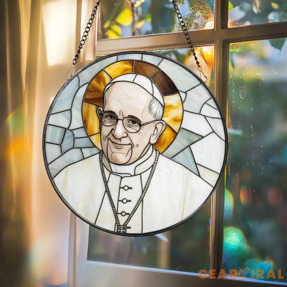 Pope Francis Stained Glass Suncatcher Catholic Window Hanging Religious Round Glass Art Christian Home Decor Gift for