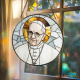 Pope Francis Stained Glass Suncatcher Catholic Window Hanging Religious Round Glass Art Christian Home Decor Gift for