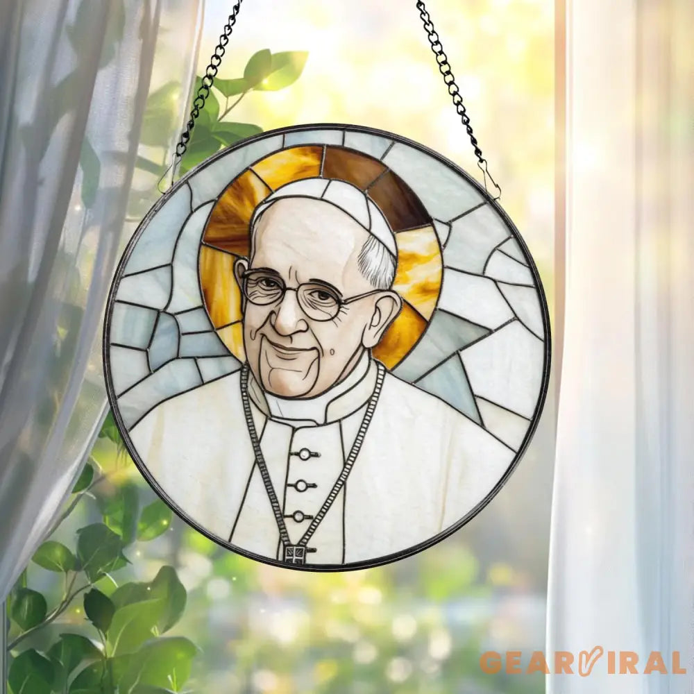 Pope Francis Stained Glass Suncatcher Catholic Window Hanging Religious Round Glass Art Christian Home Decor Gift for