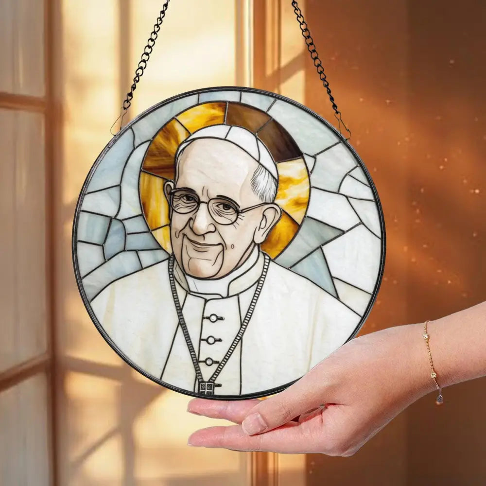 Pope Francis Stained Glass Suncatcher Catholic Window Hanging Religious Round Glass Art Christian Home Decor Gift for