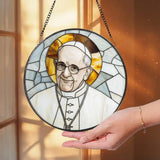 Pope Francis Stained Glass Suncatcher Catholic Window Hanging Religious Round Glass Art Christian Home Decor Gift for