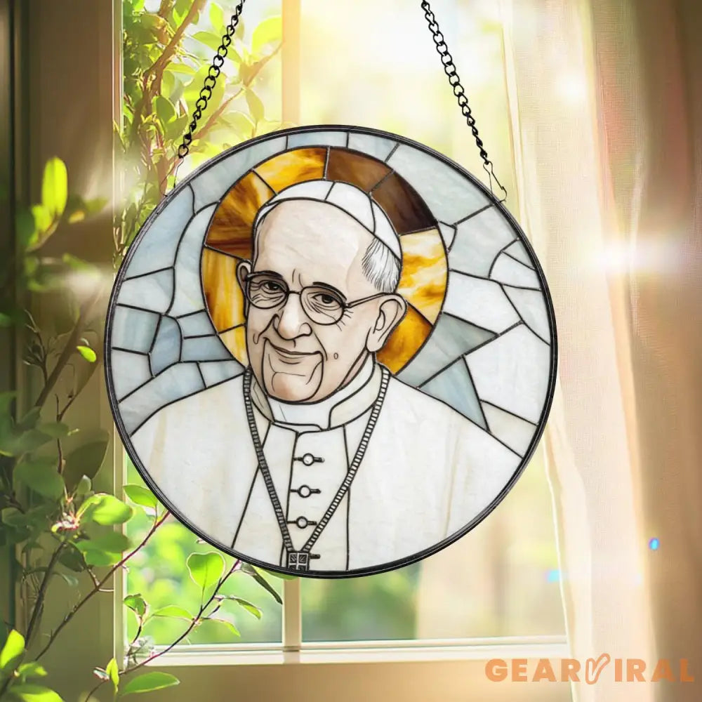 Pope Francis Stained Glass Suncatcher Catholic Window Hanging Religious Round Glass Art Christian Home Decor Gift for