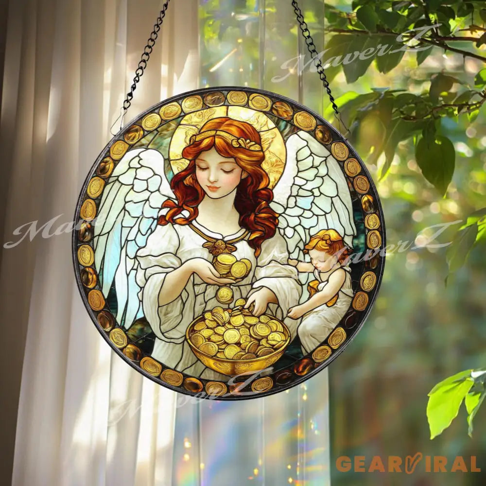 Prosperity Angel Stained Glass Suncatcher Wealth Blessing Guardian Window Panel Gold Coin Spiritual Decor Abundance