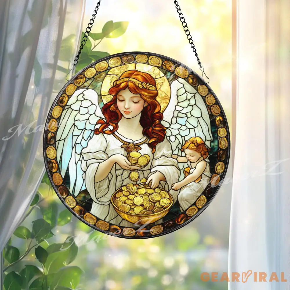 Prosperity Angel Stained Glass Suncatcher Wealth Blessing Guardian Window Panel Gold Coin Spiritual Decor Abundance