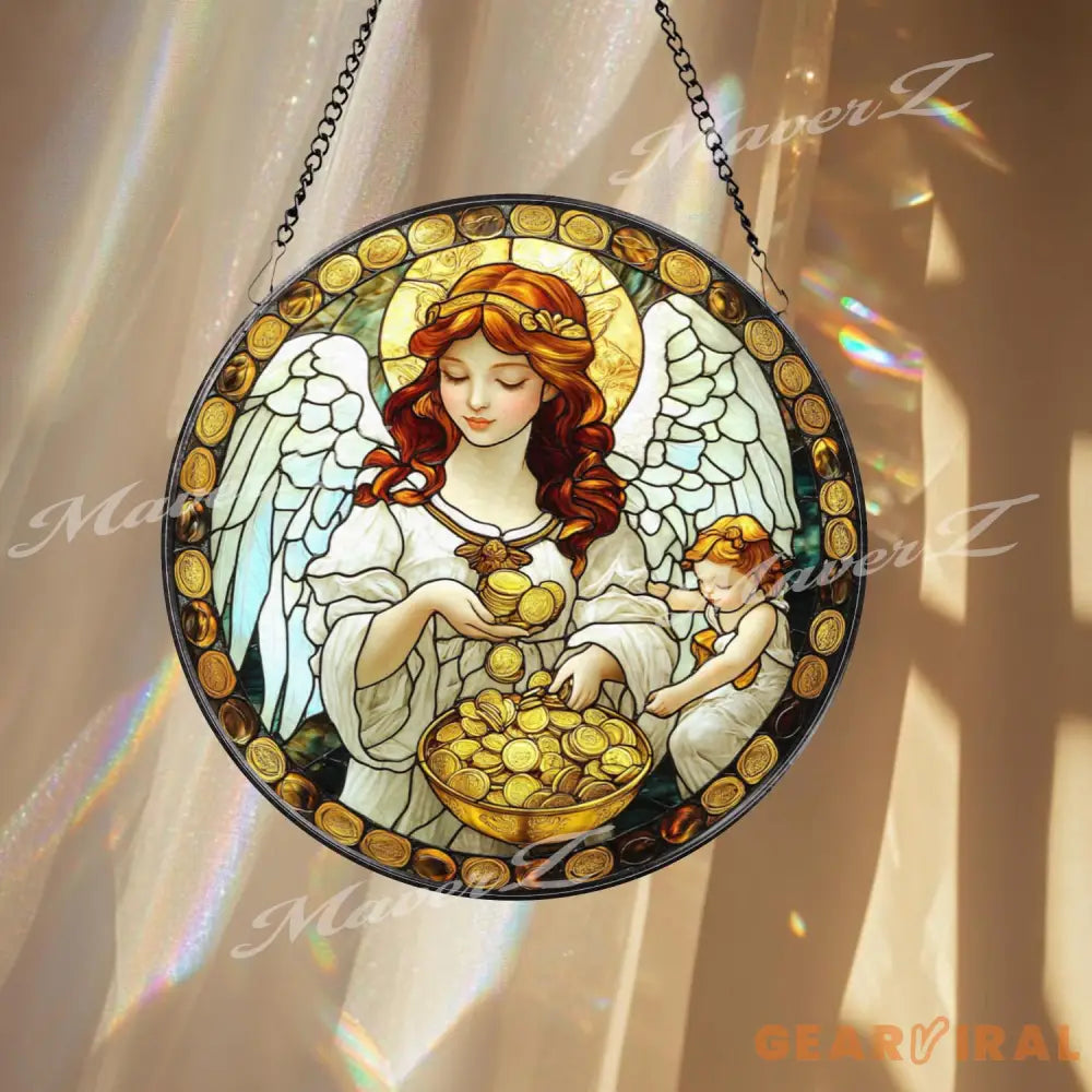 Prosperity Angel Stained Glass Suncatcher Wealth Blessing Guardian Window Panel Gold Coin Spiritual Decor Abundance