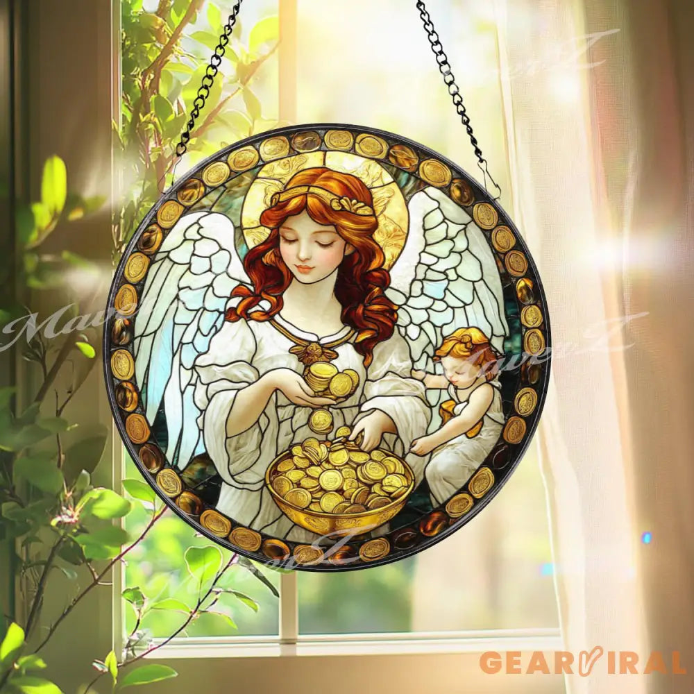 Prosperity Angel Stained Glass Suncatcher Wealth Blessing Guardian Window Panel Gold Coin Spiritual Decor Abundance