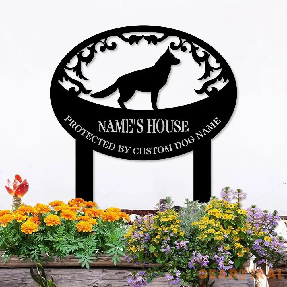 Protected By Dog Name Metal Sign - Personalized Monogram Dog Shape Metal Stake - Custom Garden Decor- Garden Dog Metal