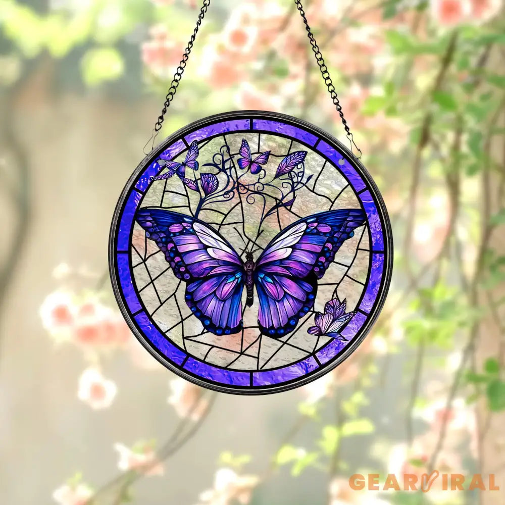 Purple Butterfly Stained Glass SunCatcher Butterfly Light Catcher Window Hanging Butterfly with Flowers Garden Decor