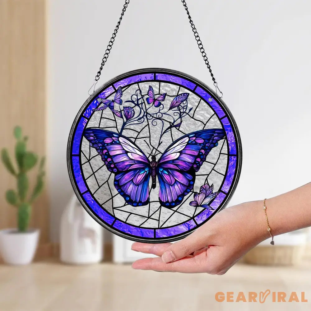 Purple Butterfly Stained Glass SunCatcher Butterfly Light Catcher Window Hanging Butterfly with Flowers Garden Decor