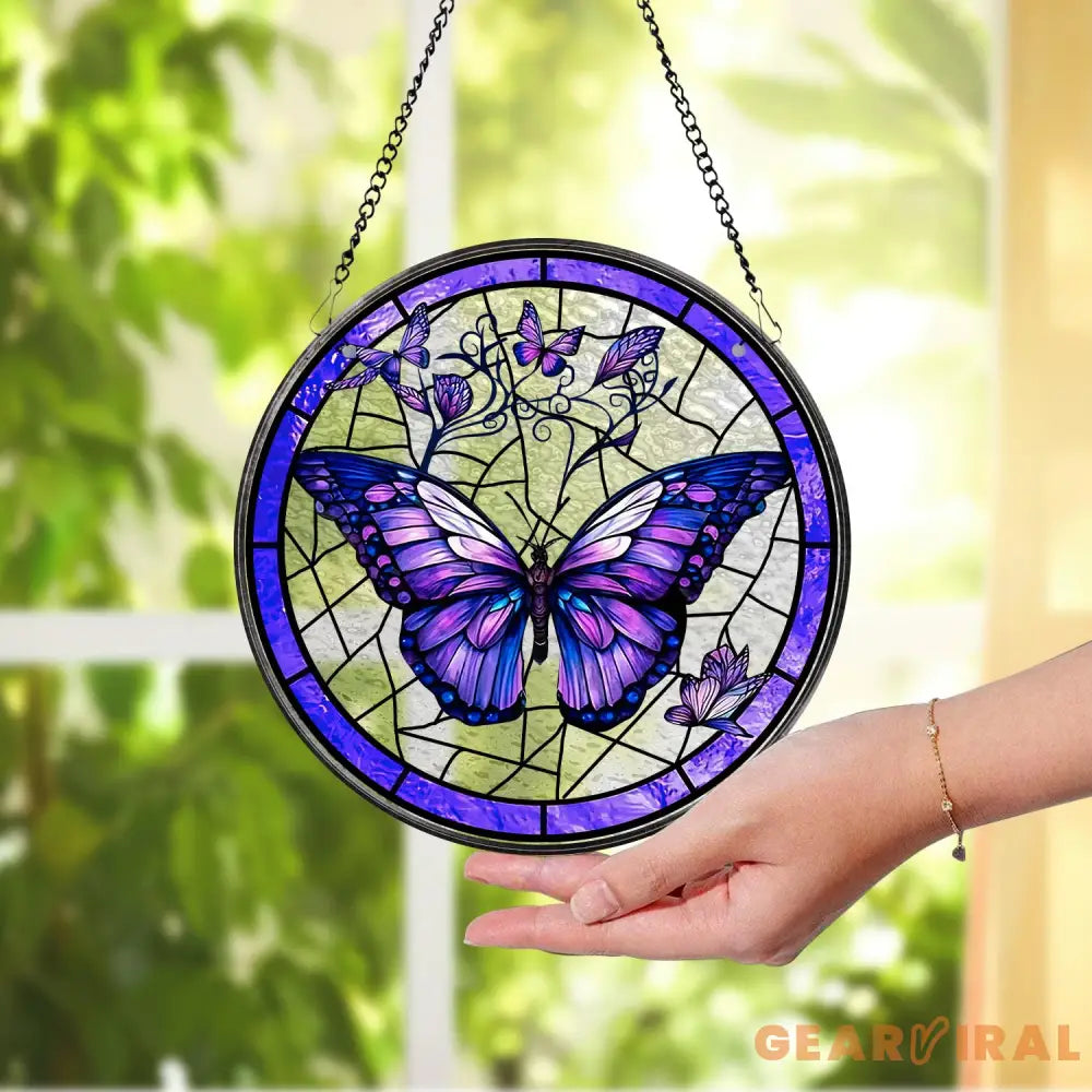 Purple Butterfly Stained Glass SunCatcher Butterfly Light Catcher Window Hanging Butterfly with Flowers Garden Decor