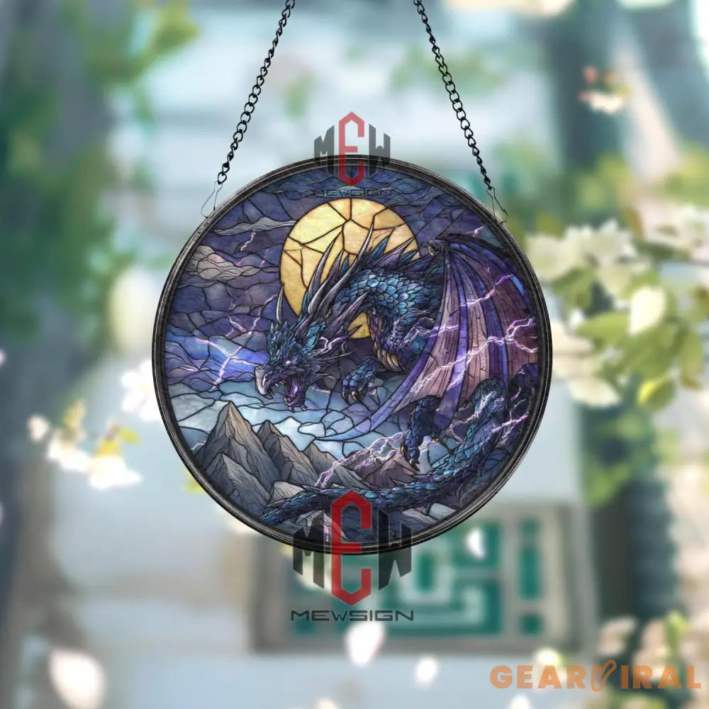 Purple Dragon Stained Glass Suncatcher Fantasy Lightning Window Panel Gothic Magic Decor Gift for Dragon Lovers and DnD