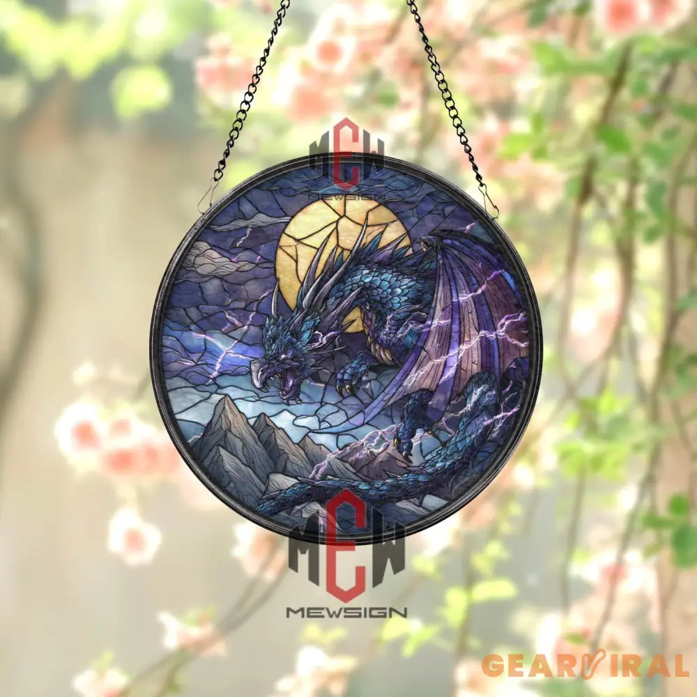 Purple Dragon Stained Glass Suncatcher Fantasy Lightning Window Panel Gothic Magic Decor Gift for Dragon Lovers and DnD