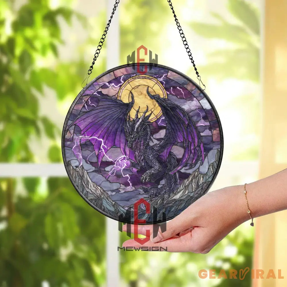 Purple Dragon Stained Glass Suncatcher Fantasy Lightning Window Panel Gothic Magic Decor Gift for Dragon Lovers and DnD