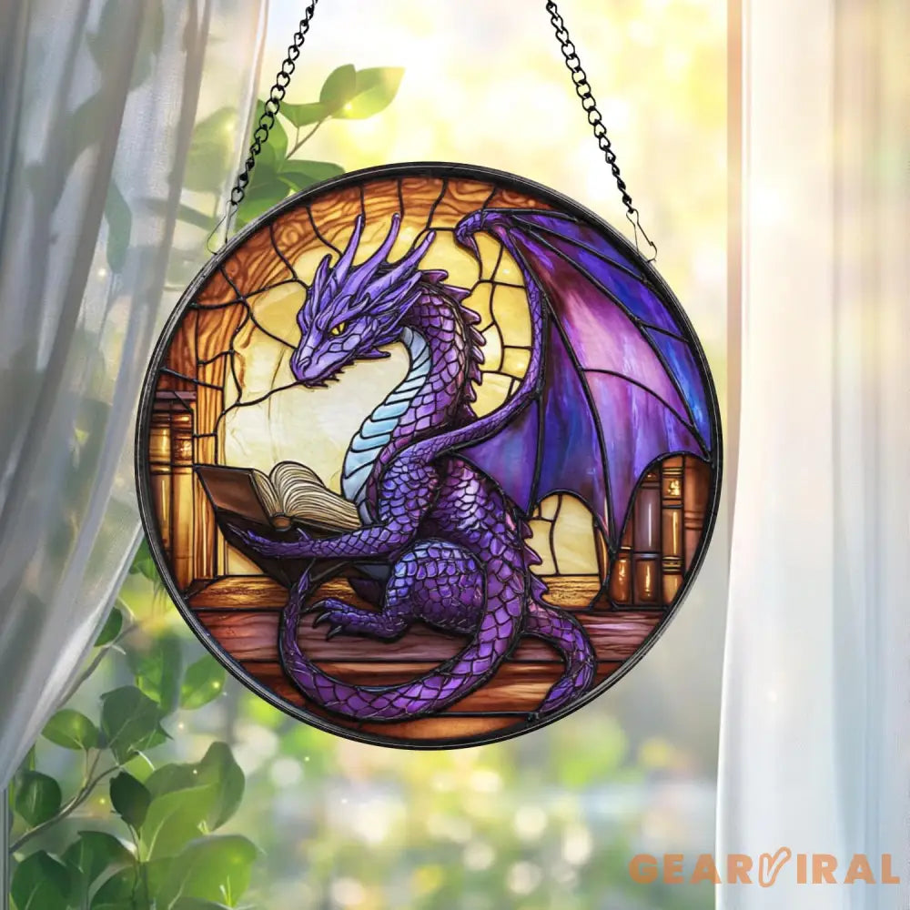 Purple Dragon Stained Glass Suncatcher Fantasy Window Hanging Book Lover Dragon Decor Gothic Glass Art Panel Gift for