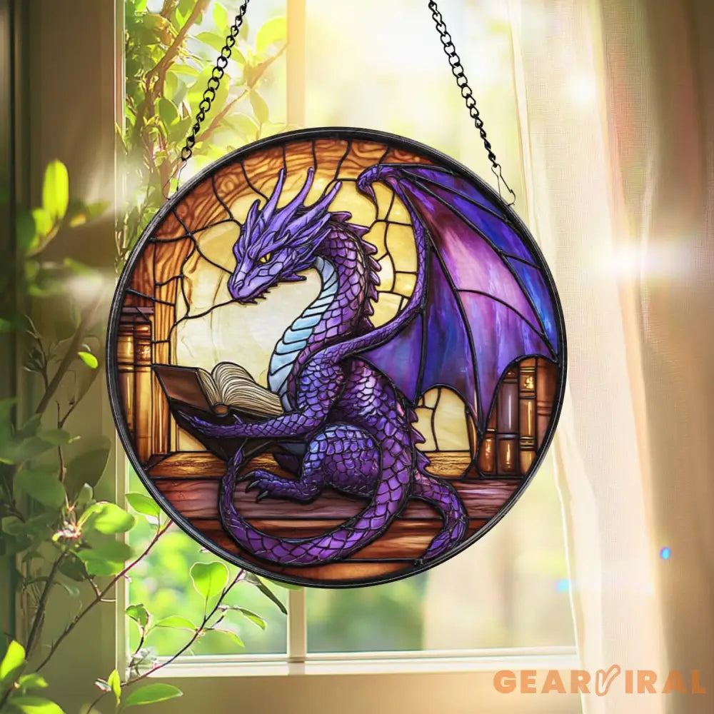 Purple Dragon Stained Glass Suncatcher Fantasy Window Hanging Book Lover Dragon Decor Gothic Glass Art Panel Gift for