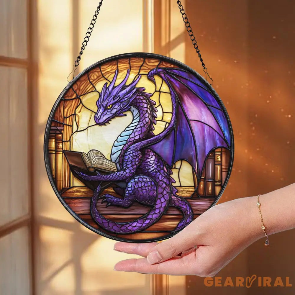 Purple Dragon Stained Glass Suncatcher Fantasy Window Hanging Book Lover Dragon Decor Gothic Glass Art Panel Gift for