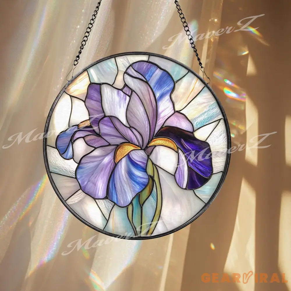 Purple Iris Stained Glass Suncatcher Handmade Floral Window Hanging with Elegant Petals Spring Garden Decor Gift for