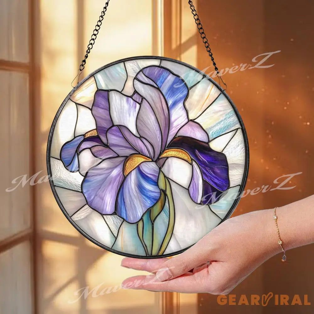 Purple Iris Stained Glass Suncatcher Handmade Floral Window Hanging with Elegant Petals Spring Garden Decor Gift for