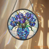 Purple Irises Glass Suncatcher Floral Window Decor Birth Flower Gift for Mom Handmade Garden Accent Gift for Flower