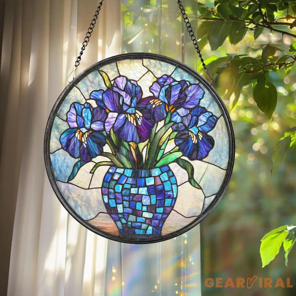 Purple Irises Glass Suncatcher Floral Window Decor Birth Flower Gift for Mom Handmade Garden Accent Gift for Flower