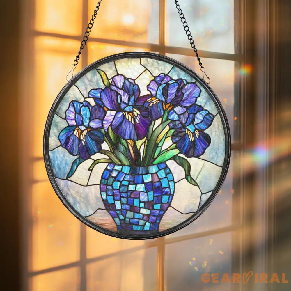 Purple Irises Glass Suncatcher Floral Window Decor Birth Flower Gift for Mom Handmade Garden Accent Gift for Flower