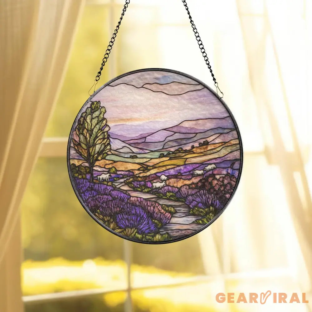 Purple Irish Hills and Sheep Stained Glass Suncatcher Countryside Window Hanging Nature-Inspired Irish Decor Gift for