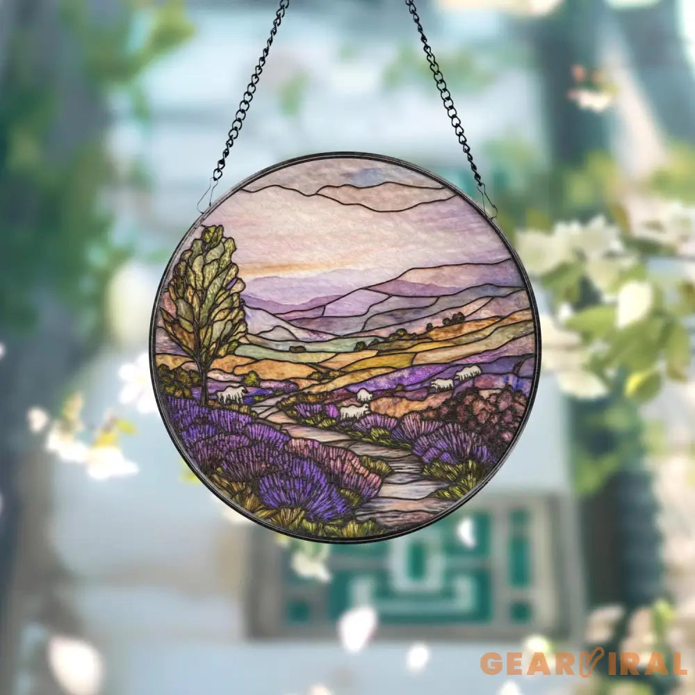 Purple Irish Hills and Sheep Stained Glass Suncatcher Countryside Window Hanging Nature-Inspired Irish Decor Gift for