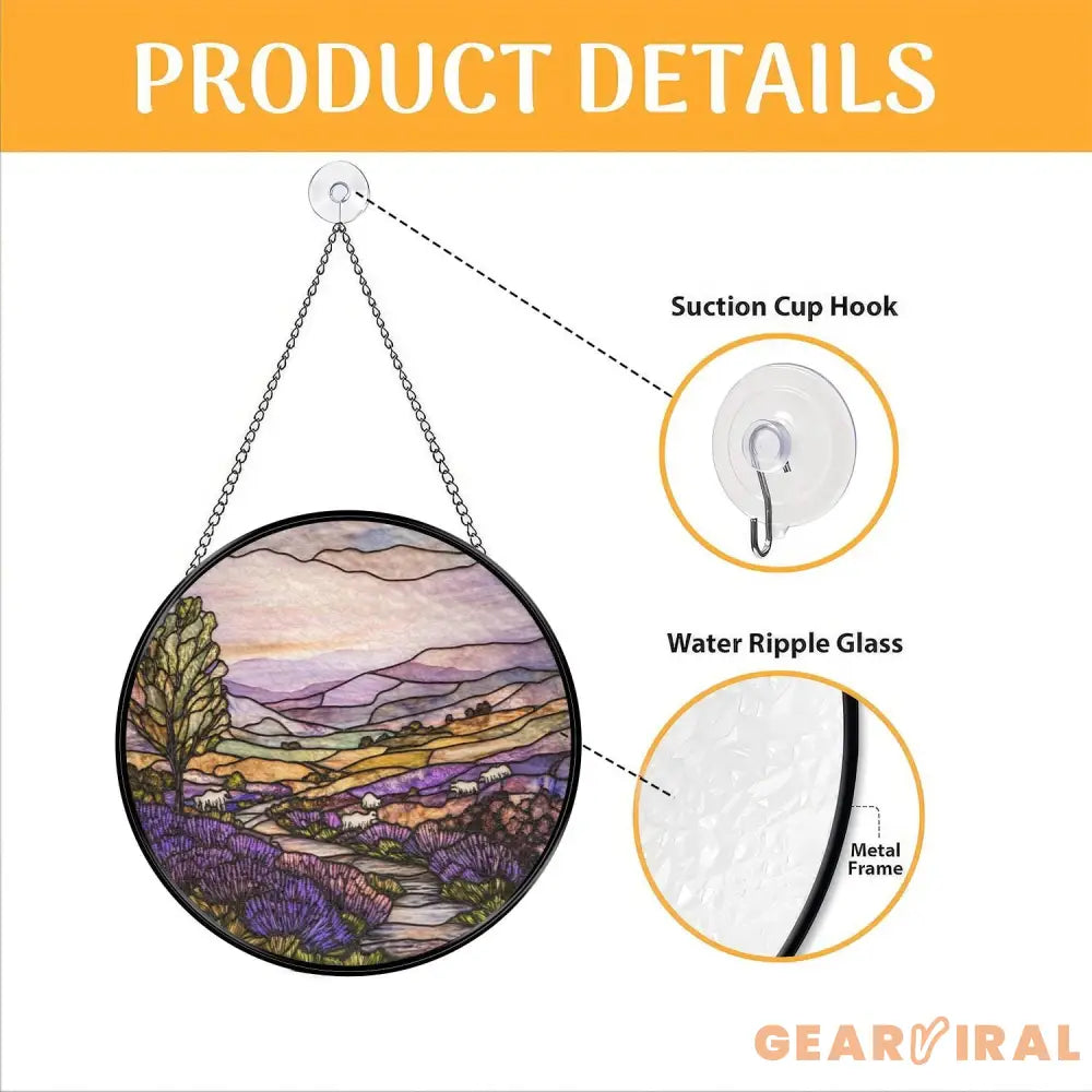 Purple Irish Hills and Sheep Stained Glass Suncatcher Countryside Window Hanging Nature-Inspired Irish Decor Gift for