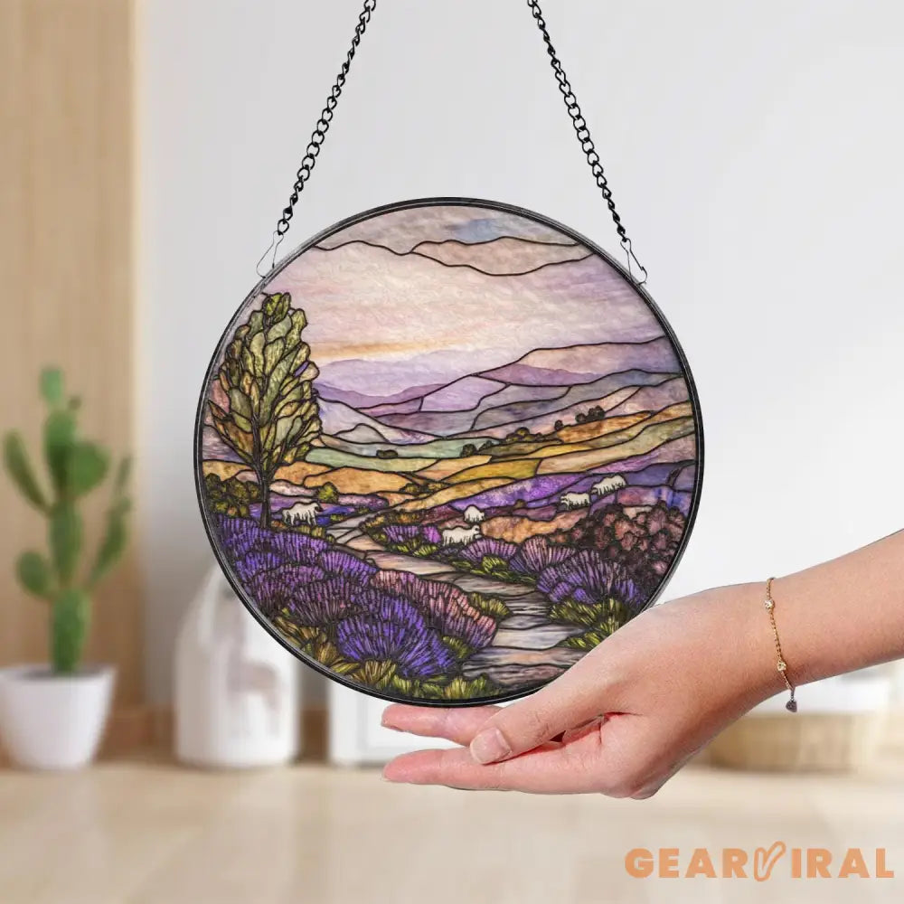 Purple Irish Hills and Sheep Stained Glass Suncatcher Countryside Window Hanging Nature-Inspired Irish Decor Gift for