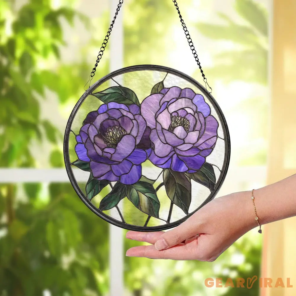 Purple Peony Glass Suncatcher Floral Window Hanging Garden-Inspired Wall Art Mother’s Day Gift Handmade Gift for Her