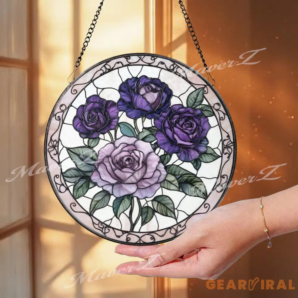 Purple Rose Stained Glass Suncatcher Romantic Floral Window Panel Lavender Rose Gift for Garden Lovers & Elegant Home