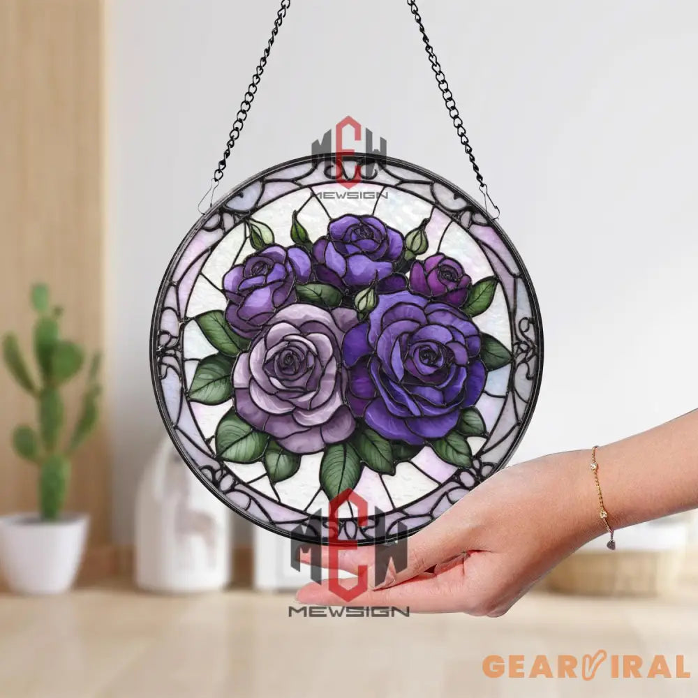 Purple Rose Stained Glass Suncatcher Round Floral Window Hanging Lavender & Violet Rose Panel Romantic Gift for Garden