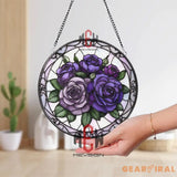 Purple Rose Stained Glass Suncatcher Round Floral Window Hanging Lavender & Violet Rose Panel Romantic Gift for Garden
